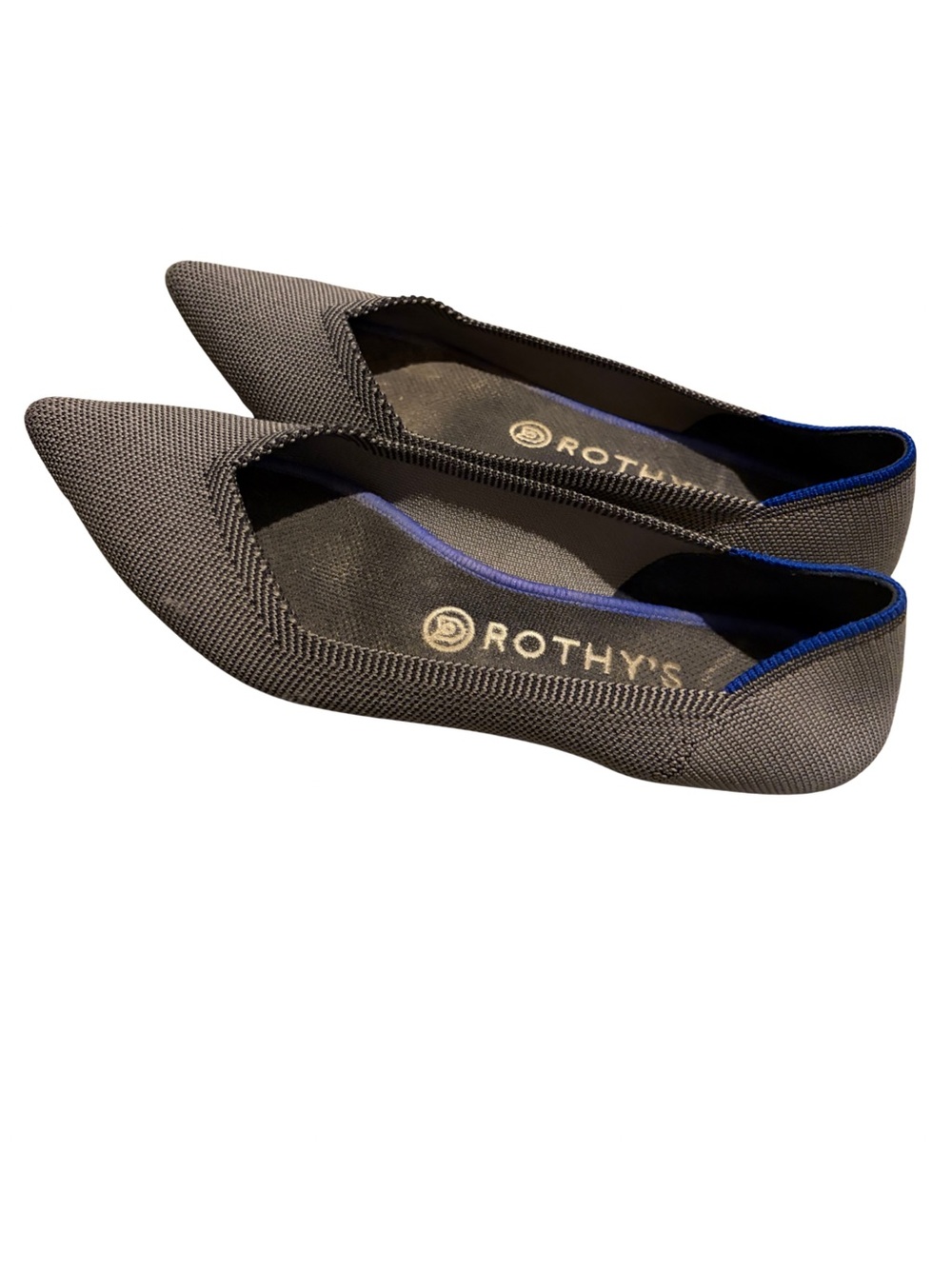 Rothy's Pointed Knit Flat in Charcoal Gray with Blue Trim Size 9W